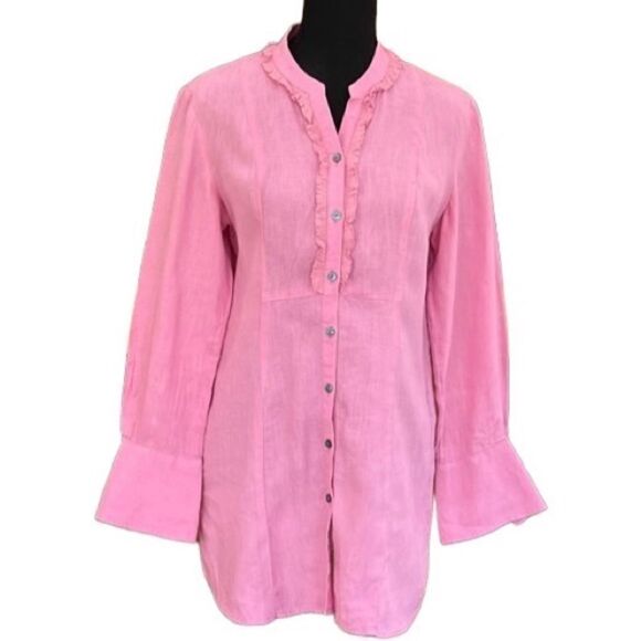 J Jill Light Pink 100% Linen Ruffle Yoke Long Sleeve Button Down Tunic Blouse XS - Picture 1 of 7